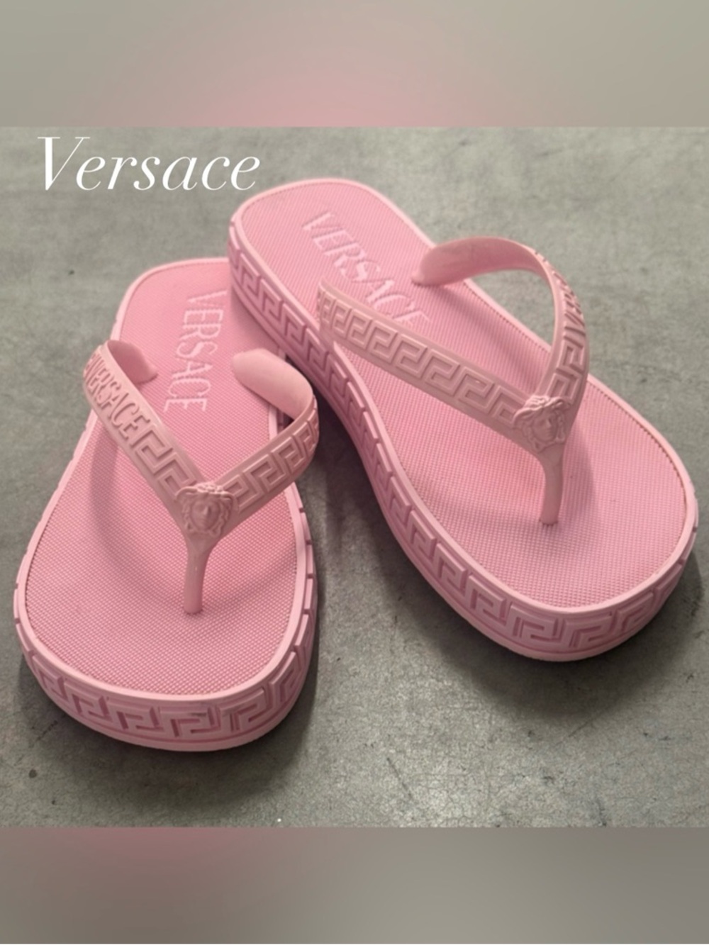Versace Pink “Greco” Sandals w / Medusa, Greek Key, and Versace Logo. Size 8 M